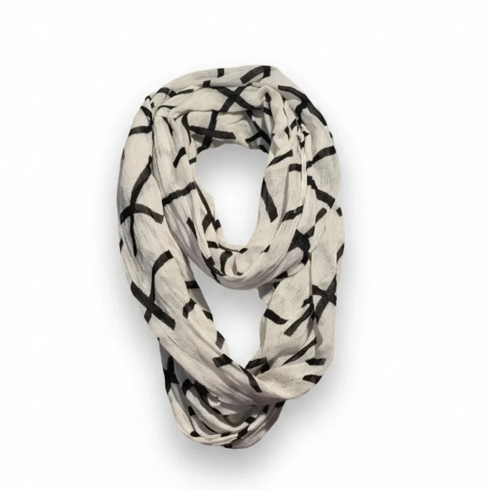 Black‎ and White Cross Designed Circular Scarf in Lightweight Cotton  -